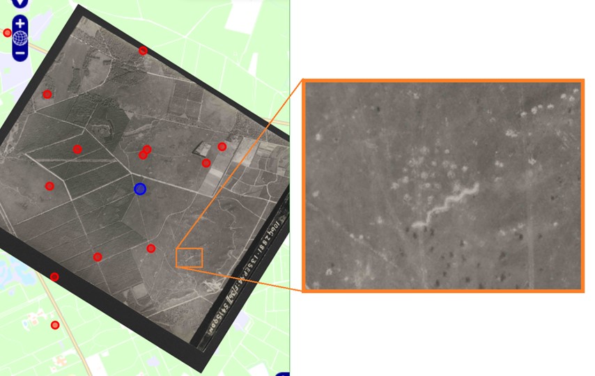 Zigzaggend patroon, hoogstwaarschijnlijk loopgraaf, met bomkraters enof schuttersputten (RAF luchtfoto, datum 13-09-1945, ID 370608)